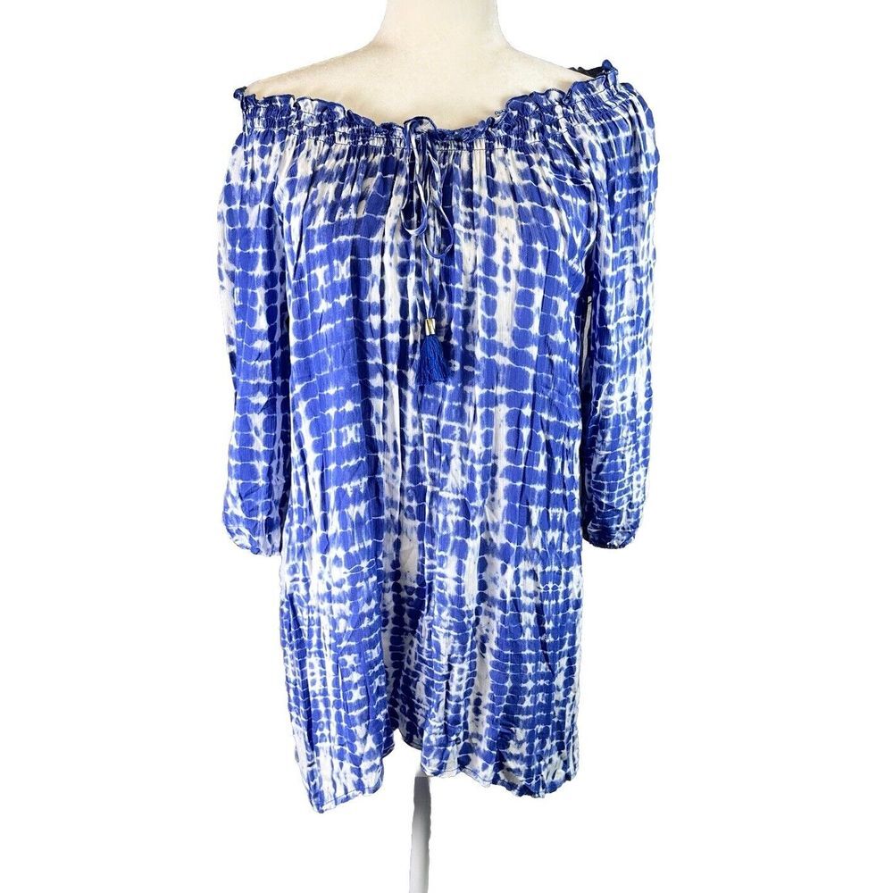 Tie Dye On Off The Shoulder Boho Peasant Hippie Bishop Sleeve Blouse Tunic Small